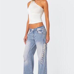 Edikted Light Wash Wide Leg Jeans with Side Lace-Up